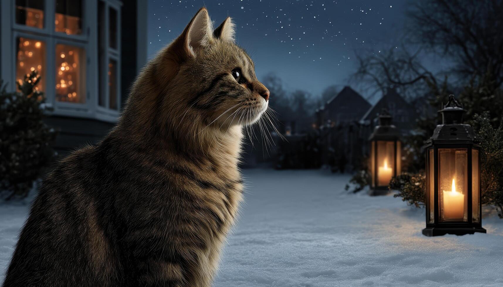 Curious Fluffy Tabby Cat Gazing in Snowy Background with Copyspace Winter Evening Scene photo