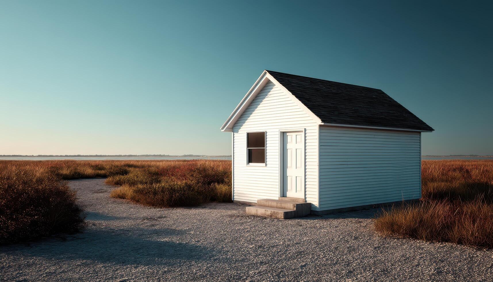 Serene White House in Open Field Clear Blue Sky Background Copyspace Ideal for Tranquil Scenes photo
