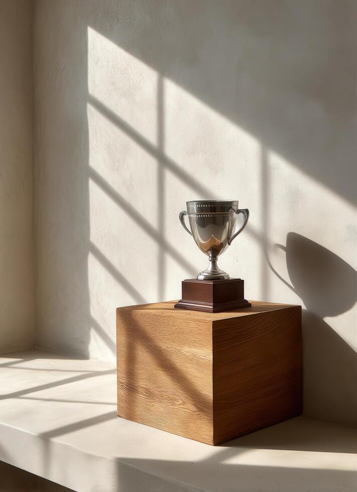 Elegant Trophy Display on a Wooden Podium in a Sunlit Room Background with Copyspace photo