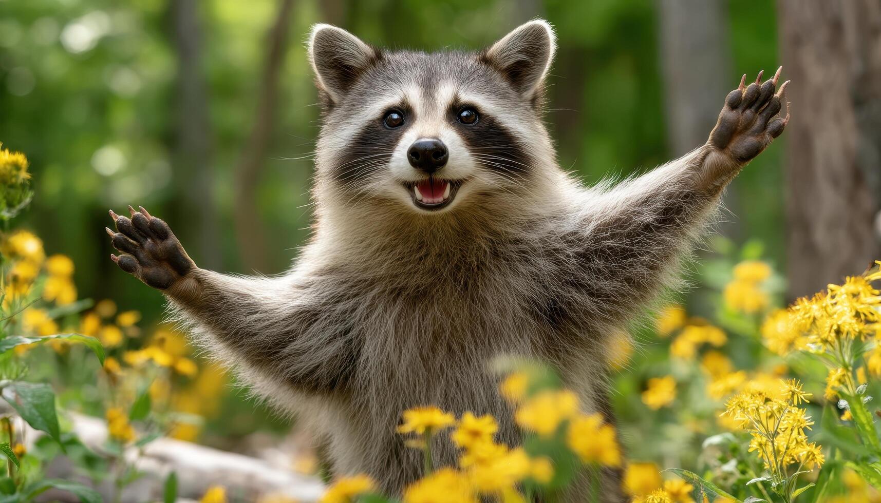 Playful Raccoon Balancing on Hind Legs in a Vibrant Nature Background photo