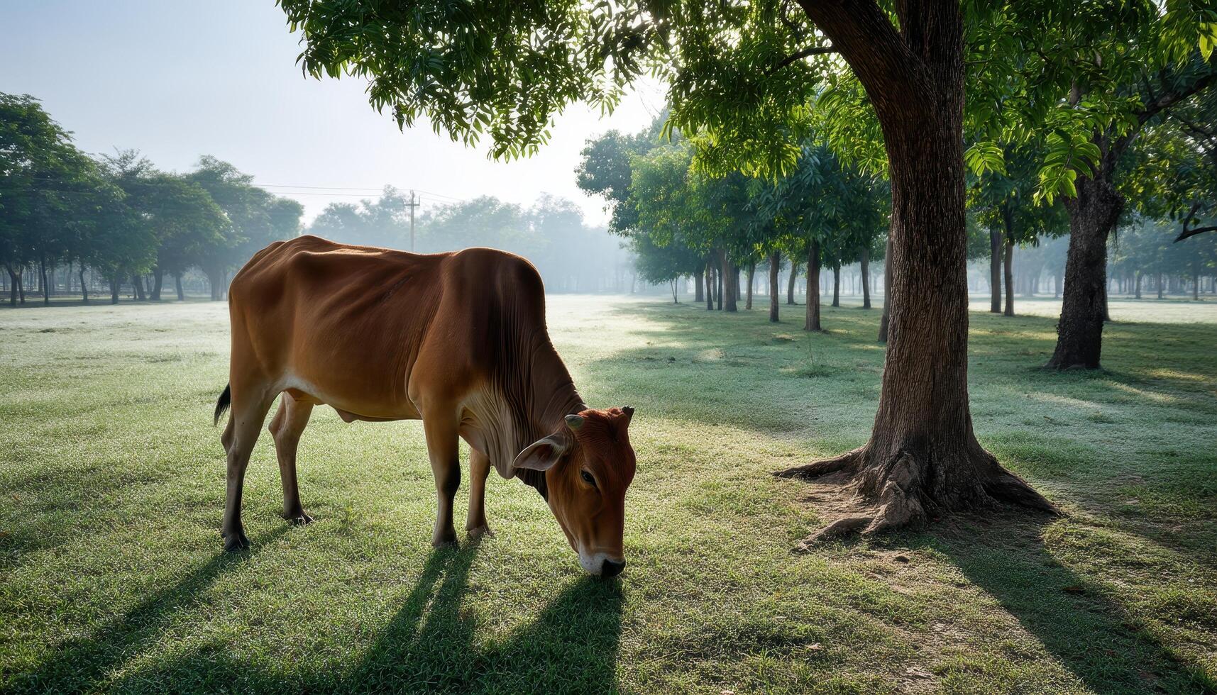 Peaceful Cow Grazing in India Nature Scene Morning Light Background with Copyspace photo