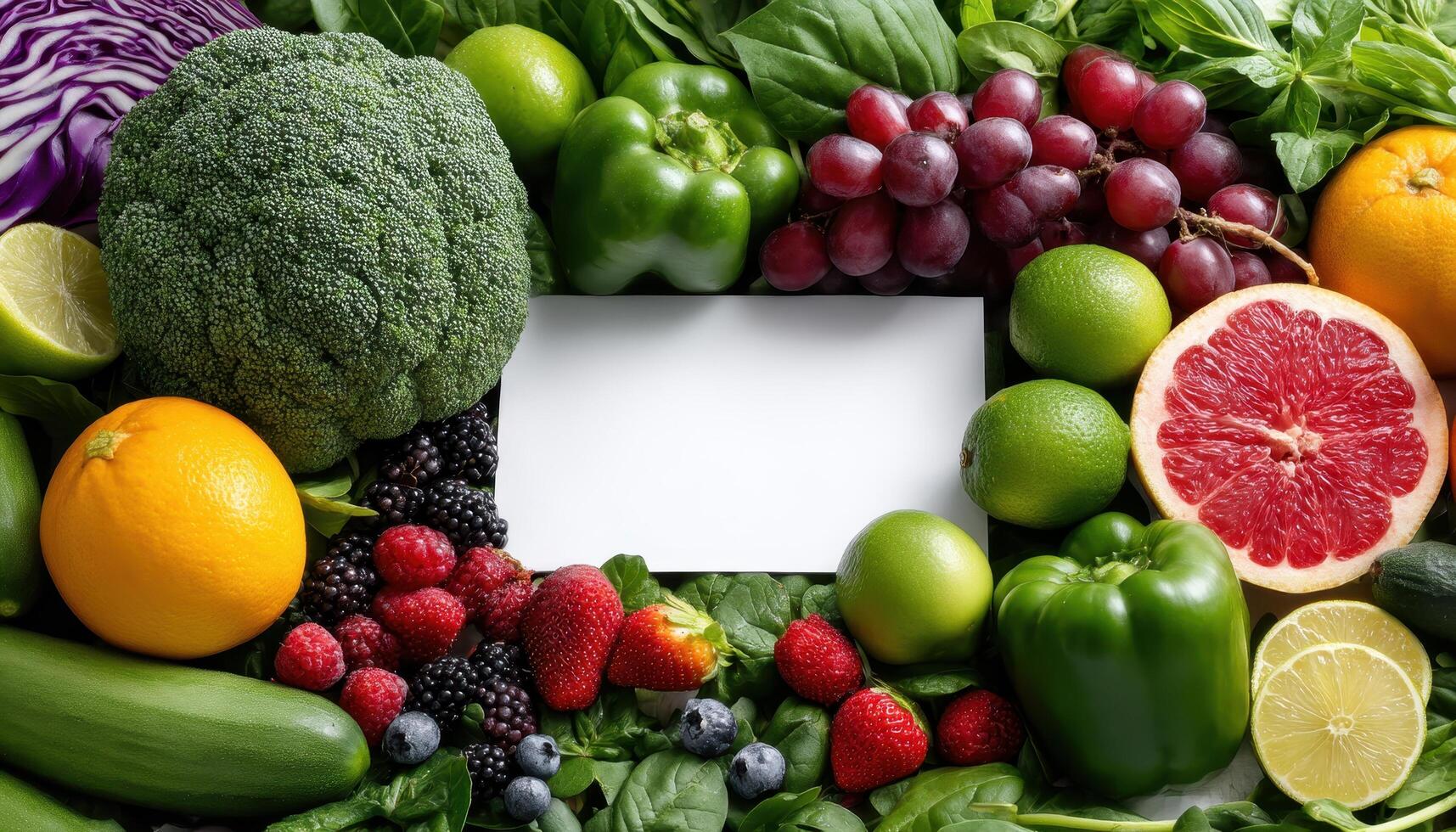 Fresh Fruits and Vegetables Display with Blank Sign Green Background Copyspace for Text photo