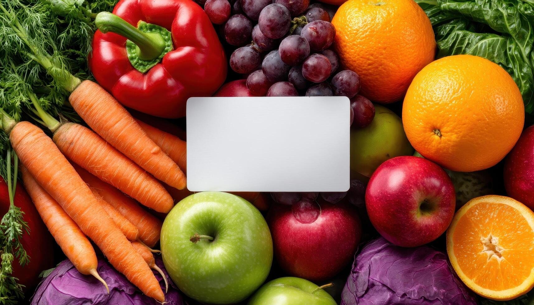 Colorful Assortment of Fresh Fruits with Blank White Sign Kitchen Table Food Arrangement Natural Background Copyspace photo