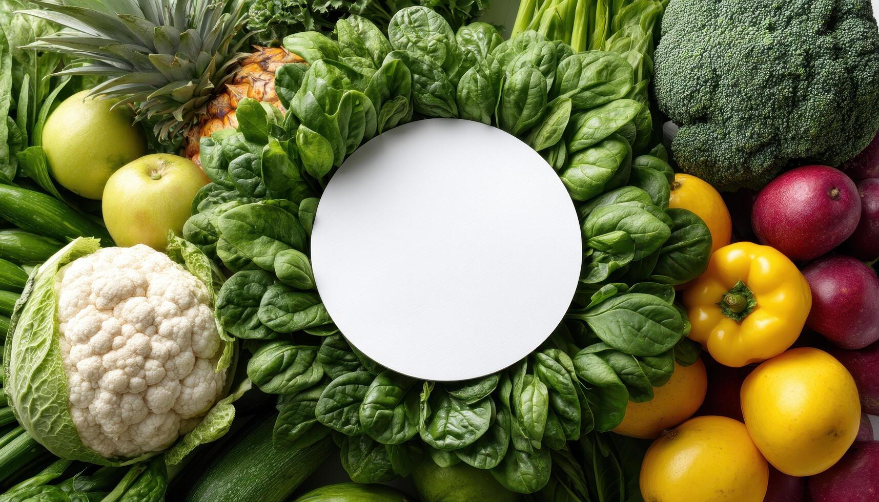 Vibrant Fresh Vegetables and Fruits with Blank White Sign Background Copyspace Farm Fresh Setting photo