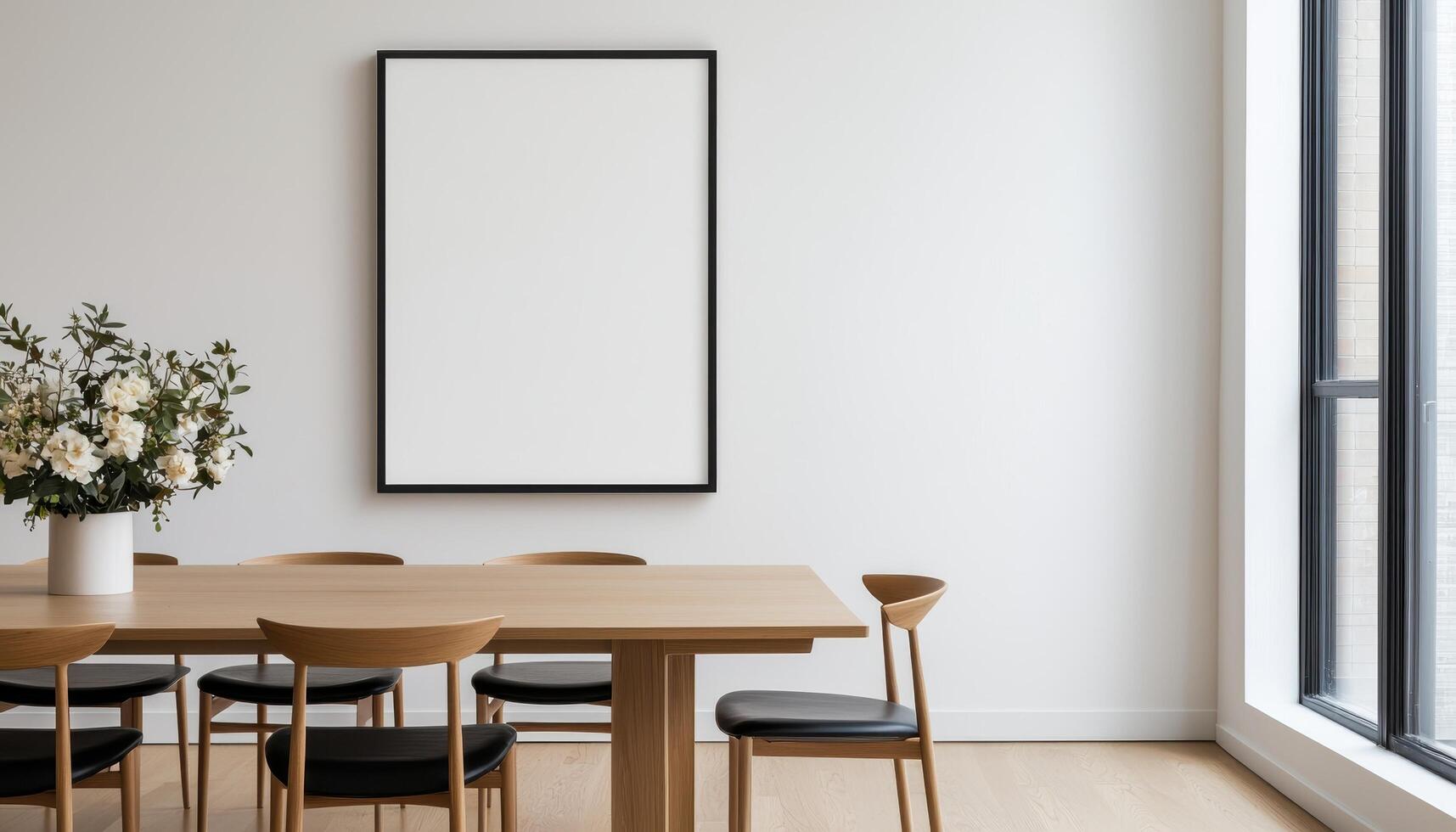 Contemporary Dining Room with Empty Vertical Frame Background Copyspace Modern Aesthetic Focus photo