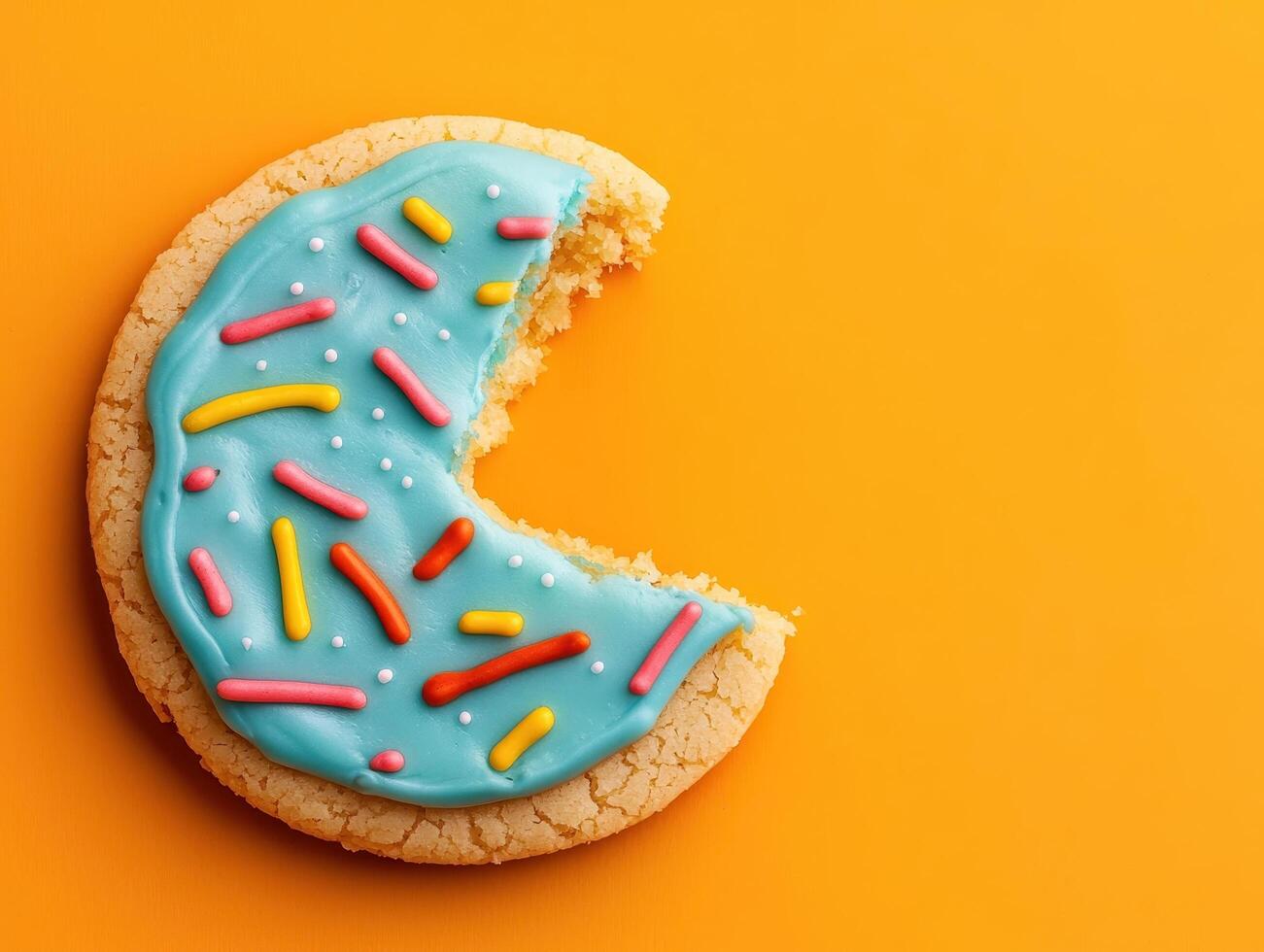 Colorful Sugar Cookie with Bite Vibrant Background Copyspace Sweet Treat Top View photo