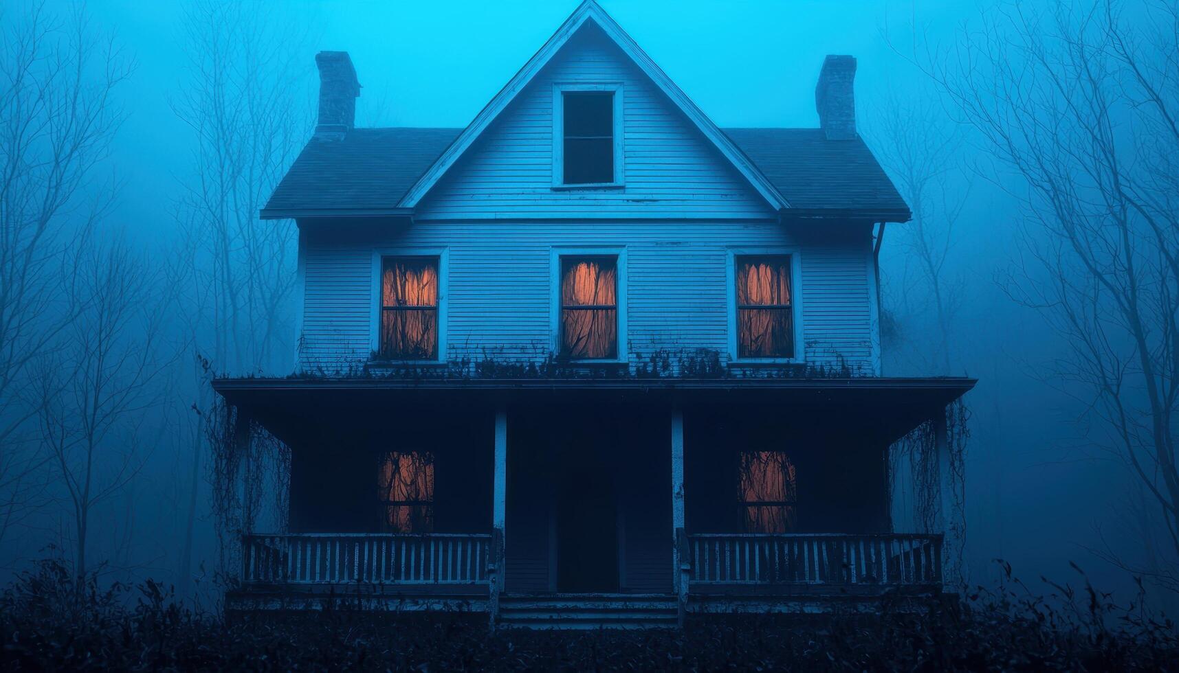 Eerie Abandoned House with Cobwebs and Skeletons Spooky Background Copyspace Dark Environment photo