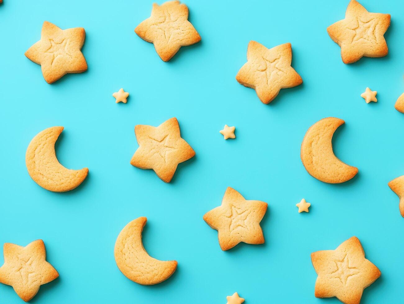Whimsical Star-Shaped Cookies Display Blue Background Food Photography Playful Environment Copyspace photo