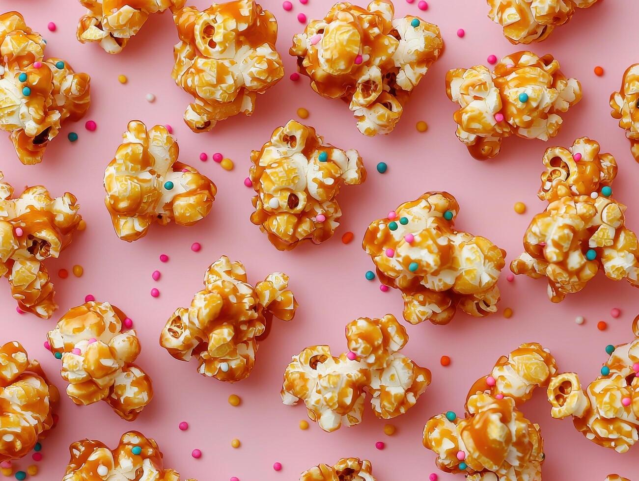 Delicious Caramel Popcorn Chunks with Sprinkles Studio Background Closeup Copyspace photo