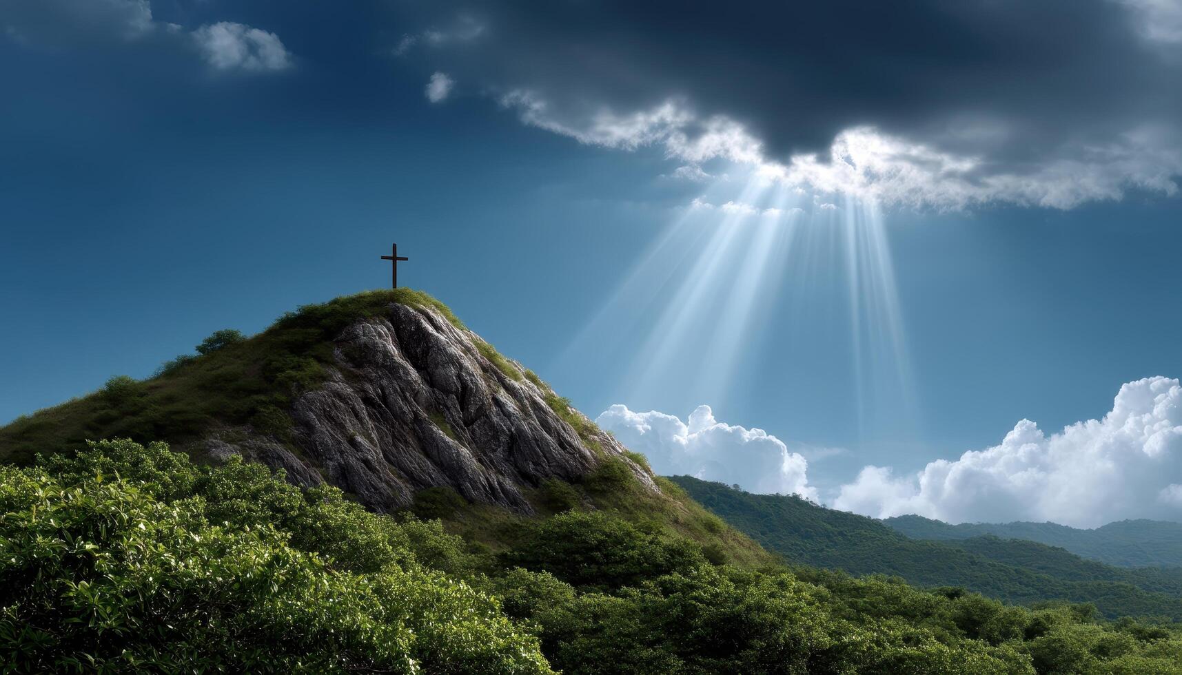 Serene Cross on Mountain Peak Lush Green Landscape Nature Background Inspirational Copyspace photo