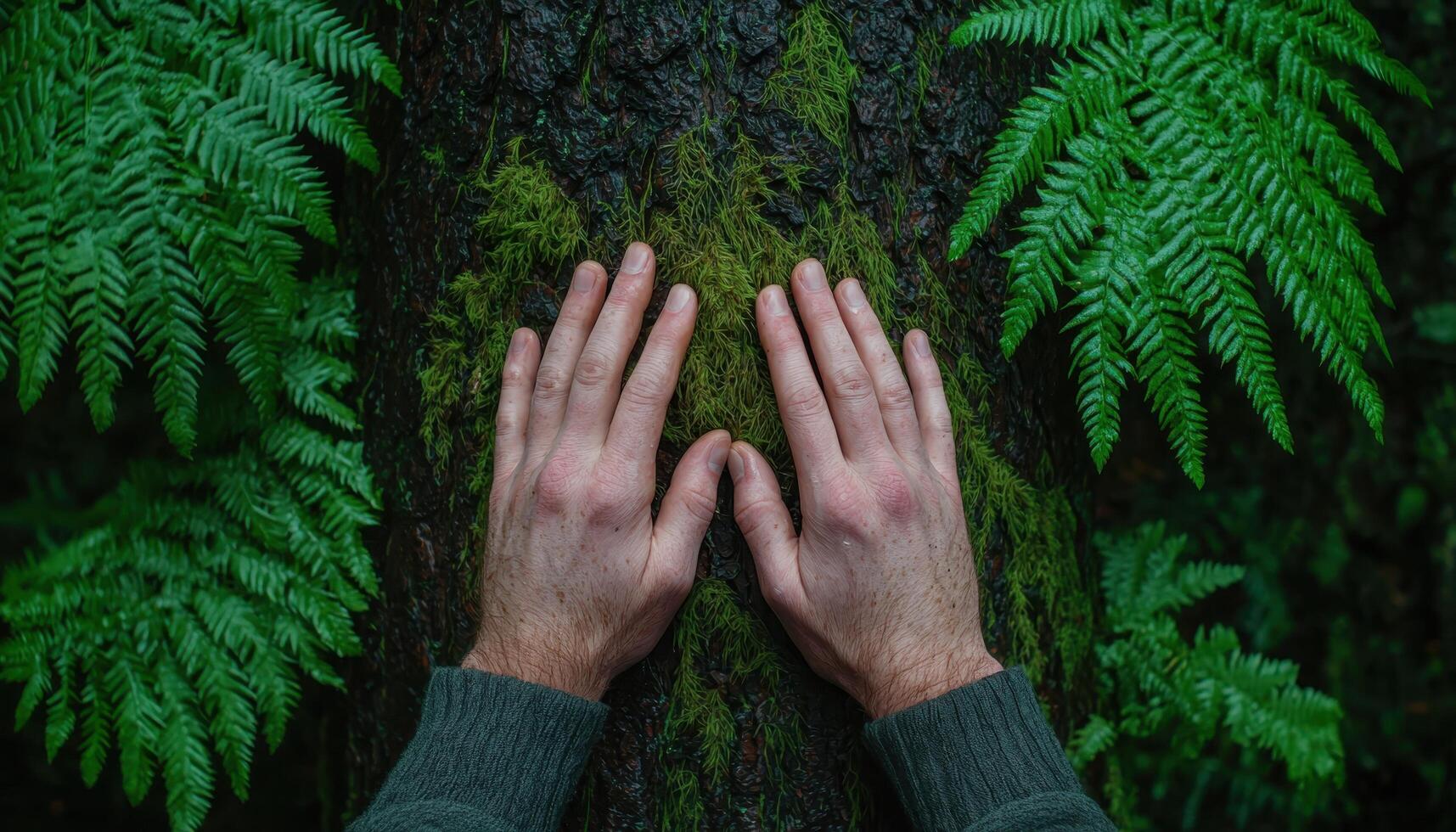 Connecting with nature hands on tree bark in lush forest close-up photography tranquil environment serene perspective photo