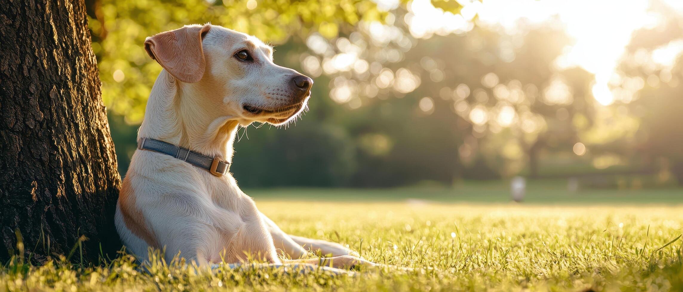 Relaxing dog under tree sunny park photography natural setting side view peaceful companion photo