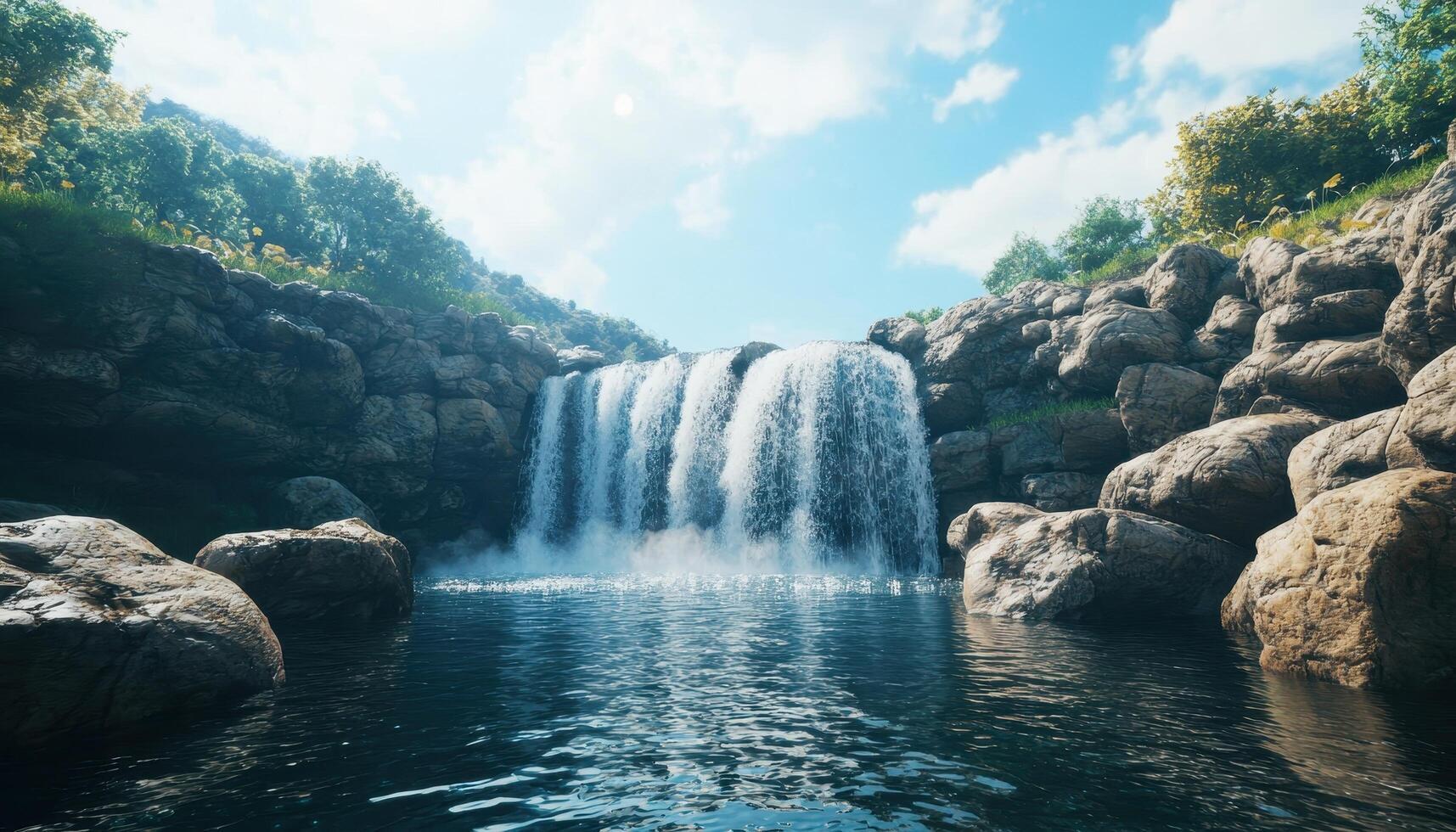 Majestic waterfall flowing over rocks nature landscape tranquil environment bright daylight viewpoint photo