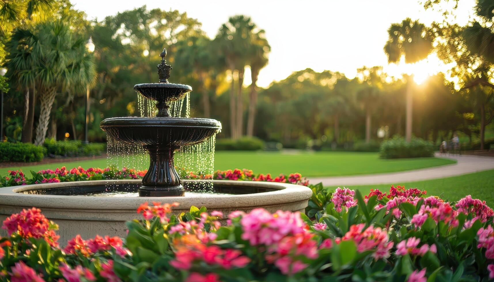 Relaxing fountain in lush green park nature photography serene environment golden hour view photo