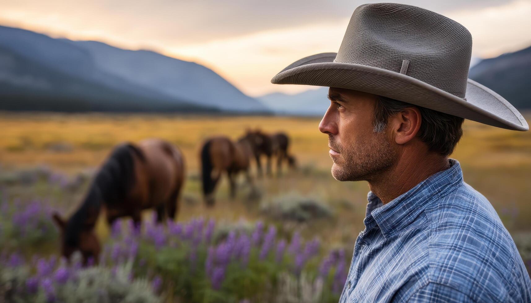 Cowboy hat man in a field with horses at sunset nature portrait rural landscape vibrant scenery proud viewpoint photo