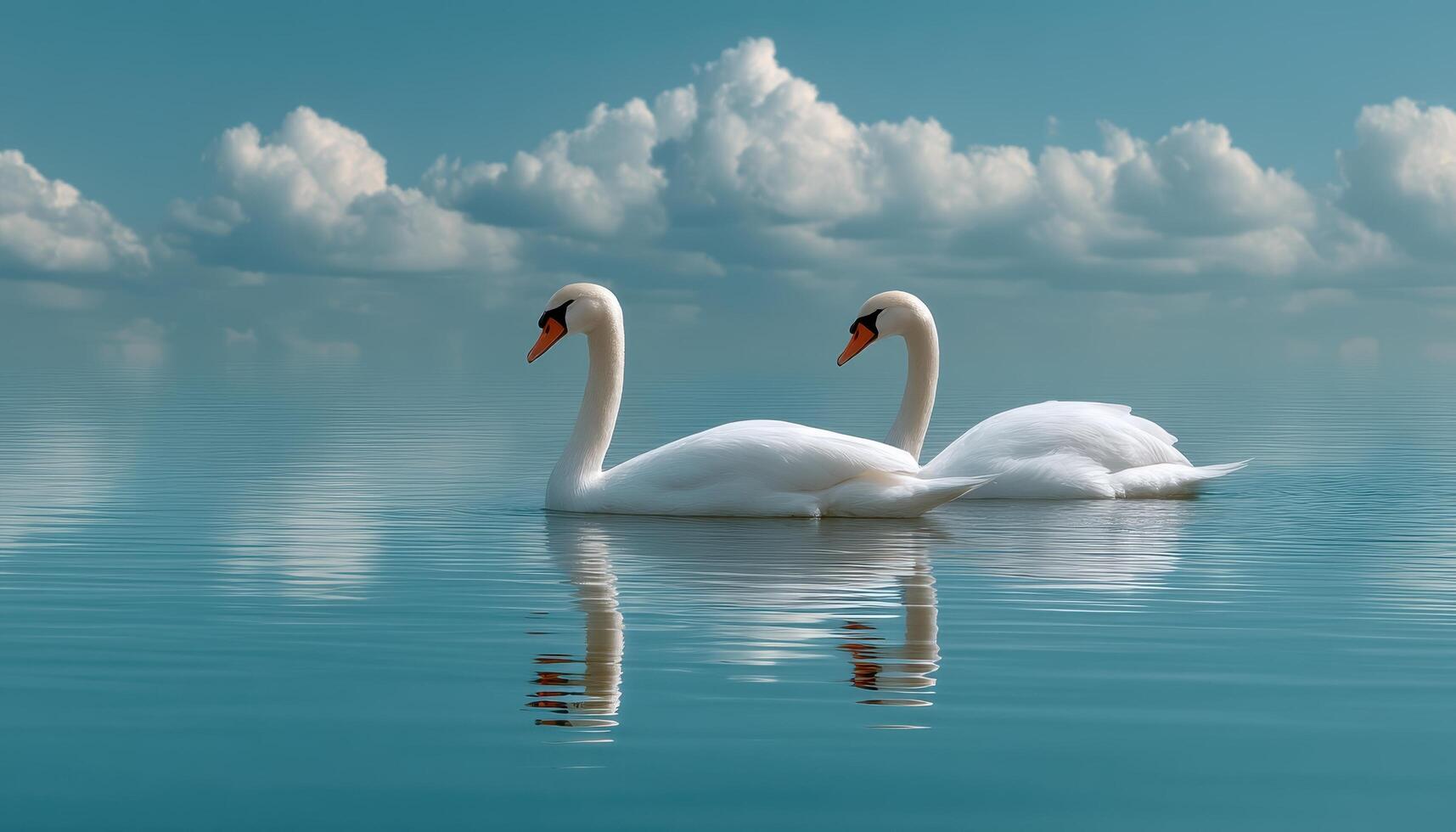 Swans swimming gracefully in calm waters serene nature scene tranquil environment wide-angle view photo