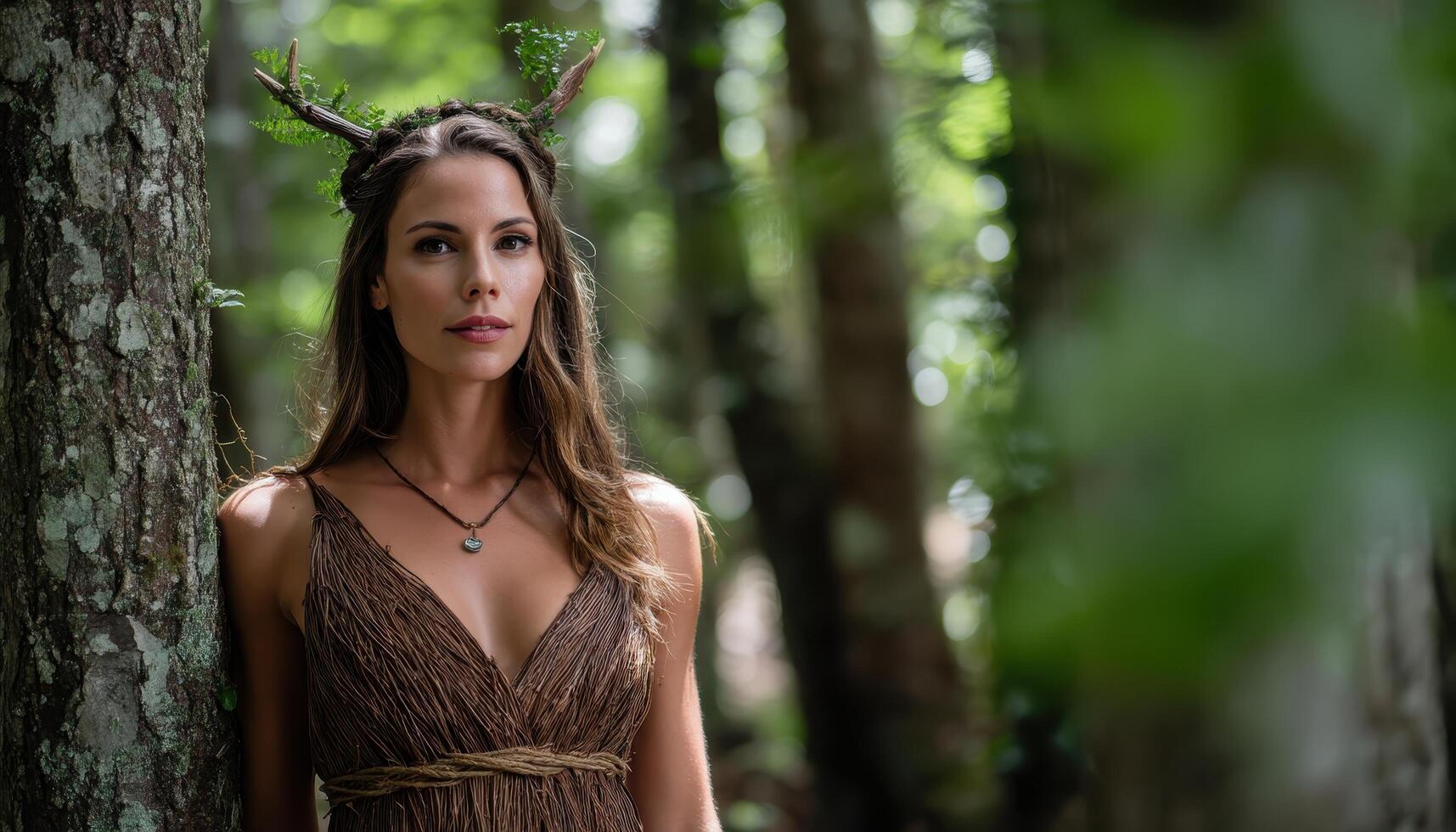 Enchanting forest scene featuring a woman with antlers nature setting portrait photography mystical atmosphere photo