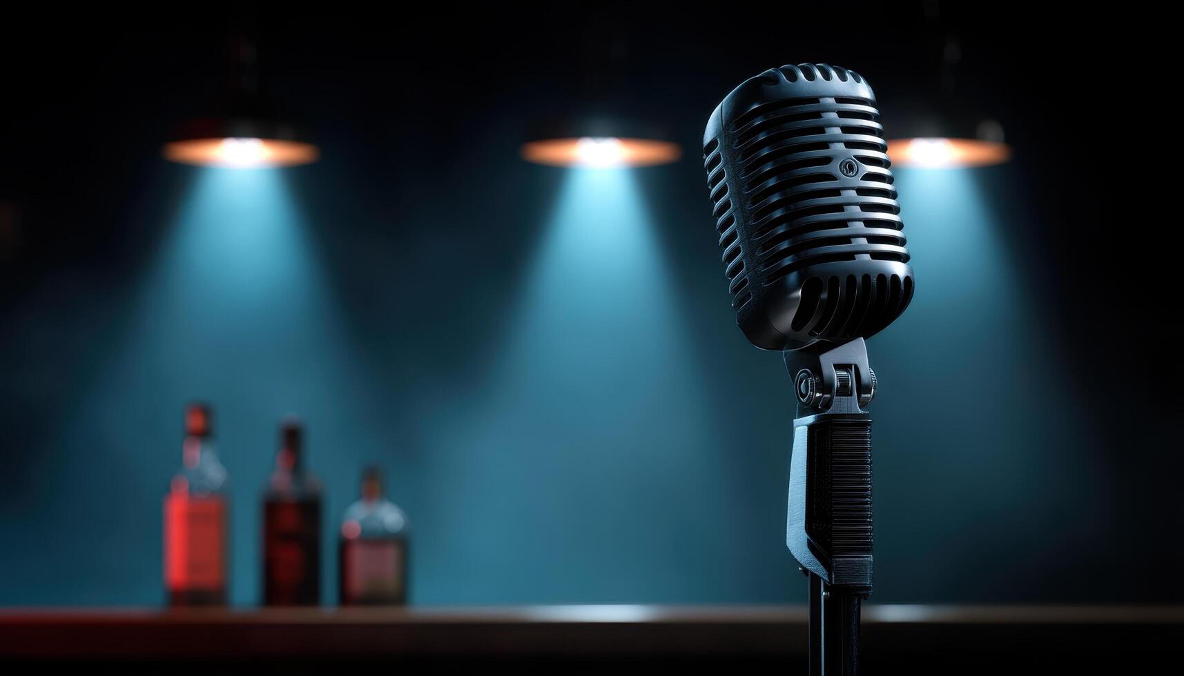 Live music performance at a cozy bar featuring a classic microphone in the spotlight photo