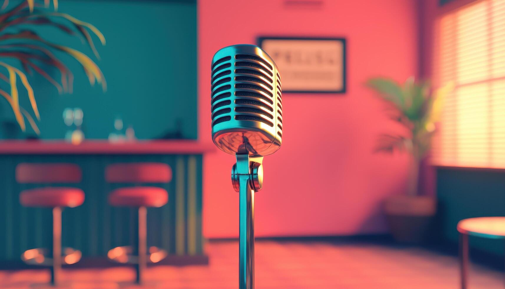 Live music performance with microphone on stage cozy bar environment vibrant interior close-up view for engaging content photo
