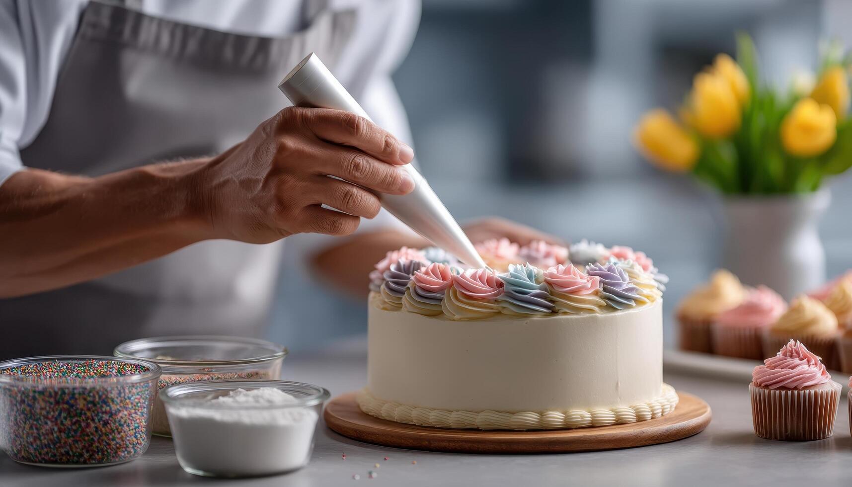 Cake decorating tutorial kitchen food preparation bright close-up sweet treats photo