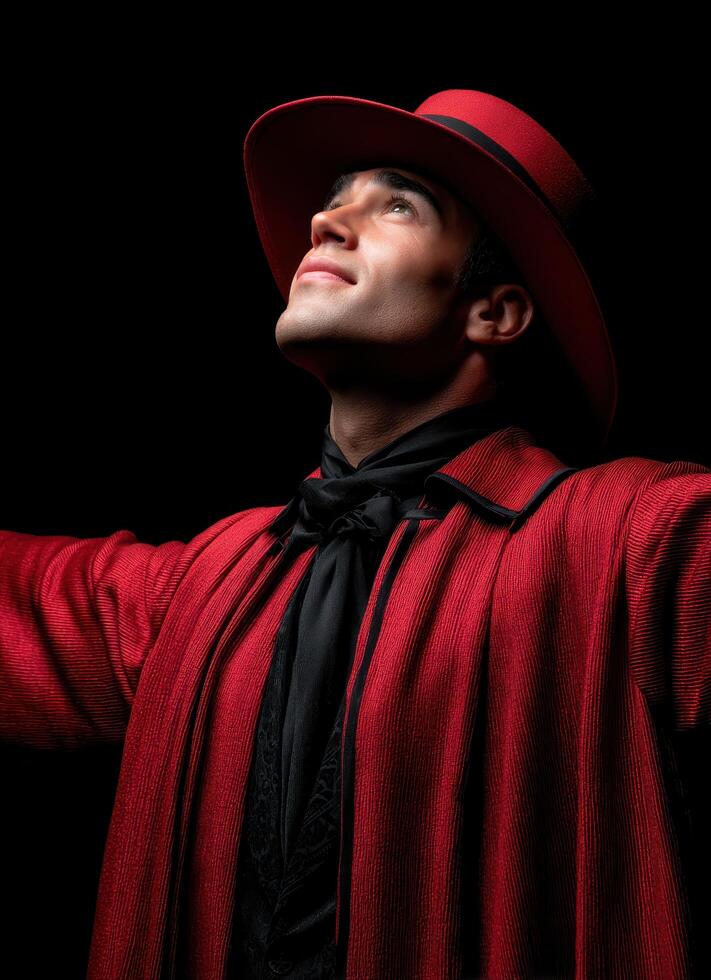 Dramatic performance by male actor in red costume theatrical stage photography dark background low angle artistry and expression photo
