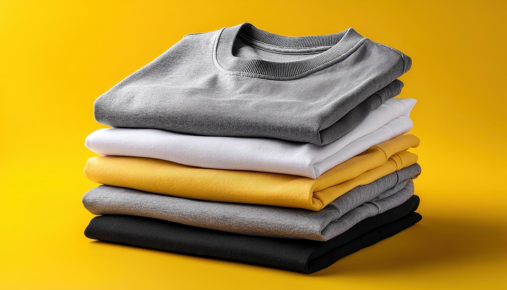 Stacked colorful t-shirts display vibrant yellow background apparel photography studio environment close-up view fashion concept photo