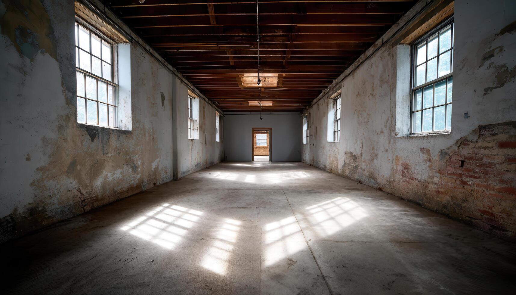 Abandoned warehouse interior photography urban location architectural focus natural light wide-angle perspective capturing decay photo