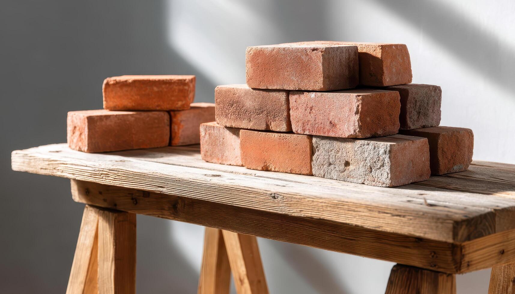 Building progress stacked bricks on wooden table interior setting construction concept minimalist view photo