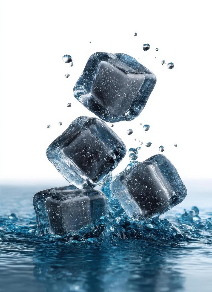 Dynamic ice cube stacking display kitchen setting high-resolution photography clean aesthetic close-up perspective refreshing concept photo