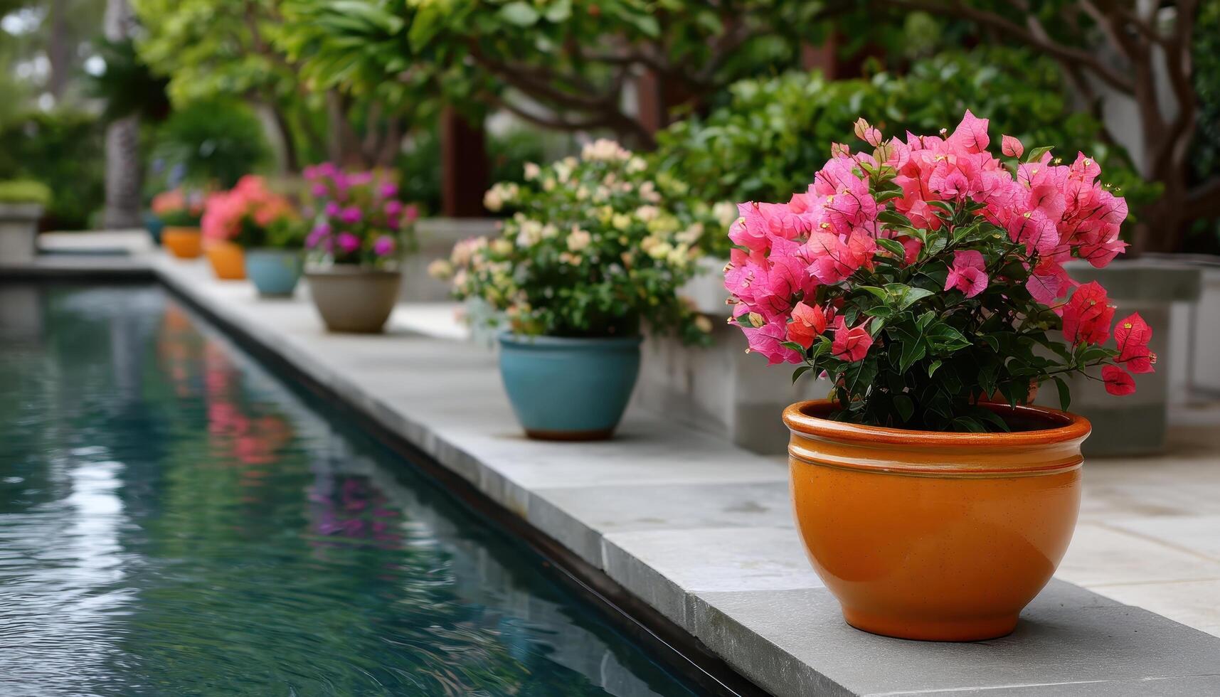 Vibrant flower arrangement by a tranquil poolside outdoor garden photography serene atmosphere close-up view nature's beauty photo