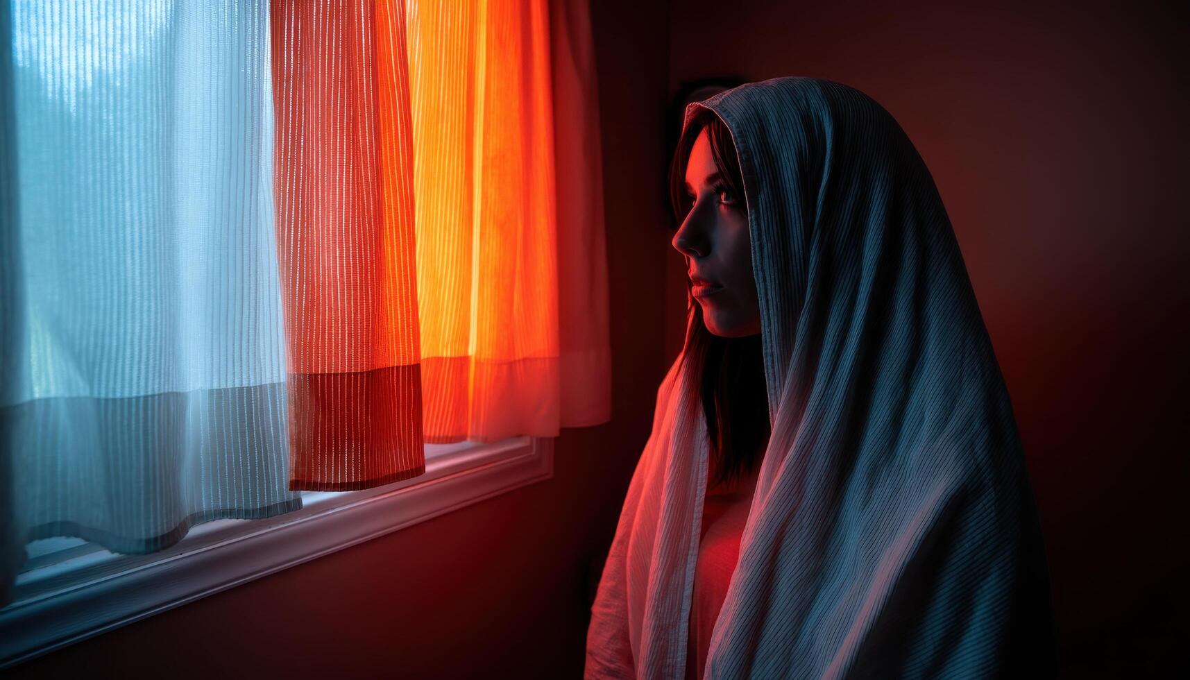 Emotional reflection of a woman in a dimly lit room captured in a portrait style intimate viewpoint photo