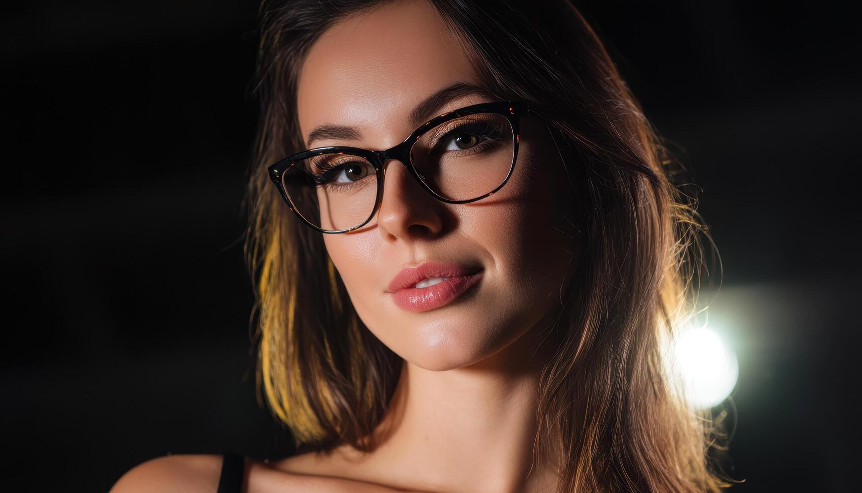 Captivating portrait of a stylish woman with glasses studio setting professional photography dramatic lighting intimate close-up photo