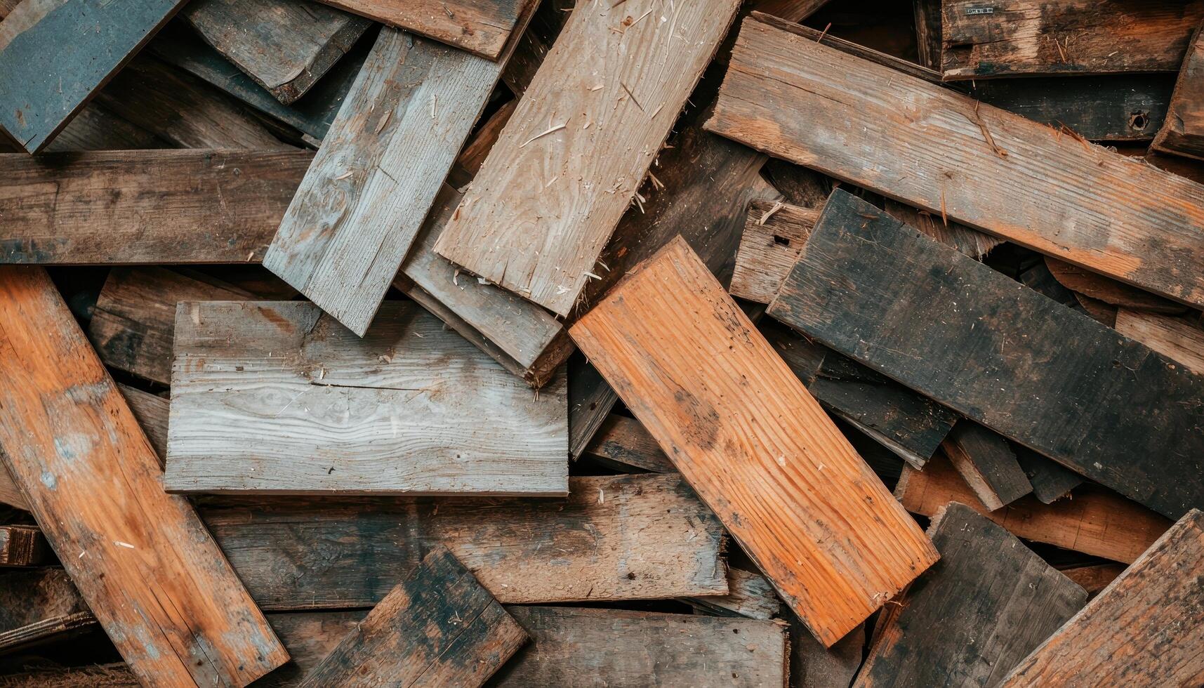 Wooden planks piled together workshop setting natural material rustic environment overhead view crafting concept photo