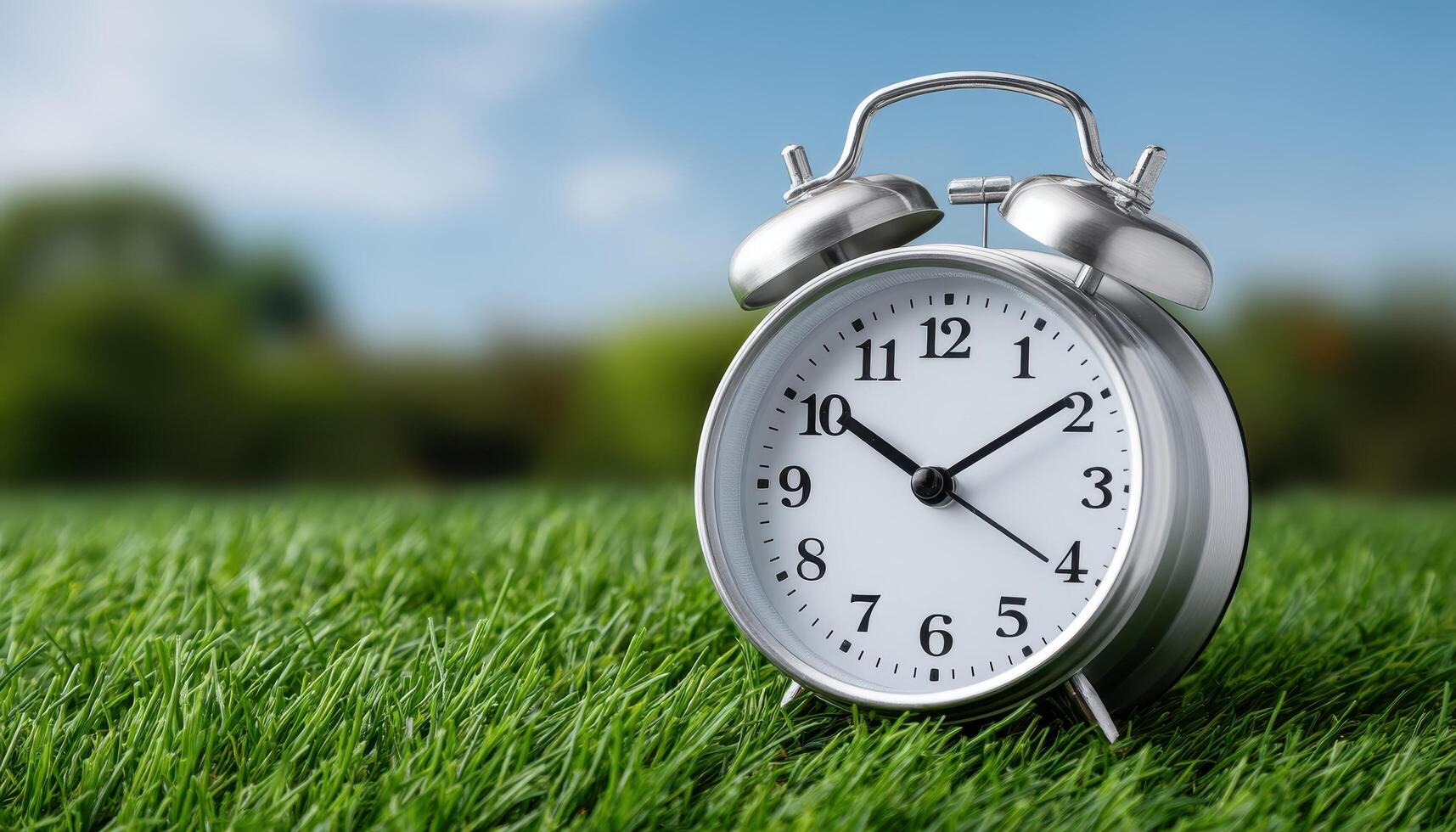 Alarm clock displayed on lush green grass in bright natural setting capturing time and relaxation photo