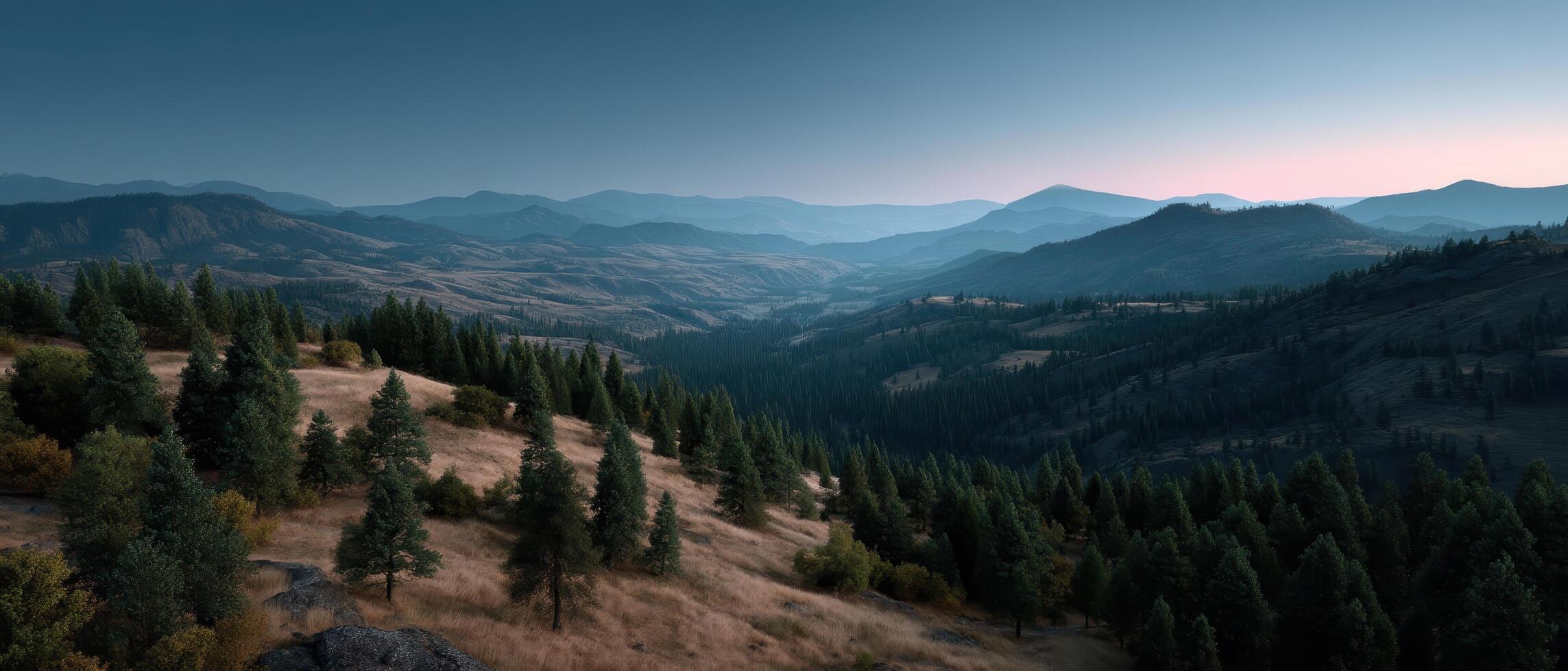 Majestic sunrise over rolling hills nature landscape serene environment panoramic view tranquility concept photo