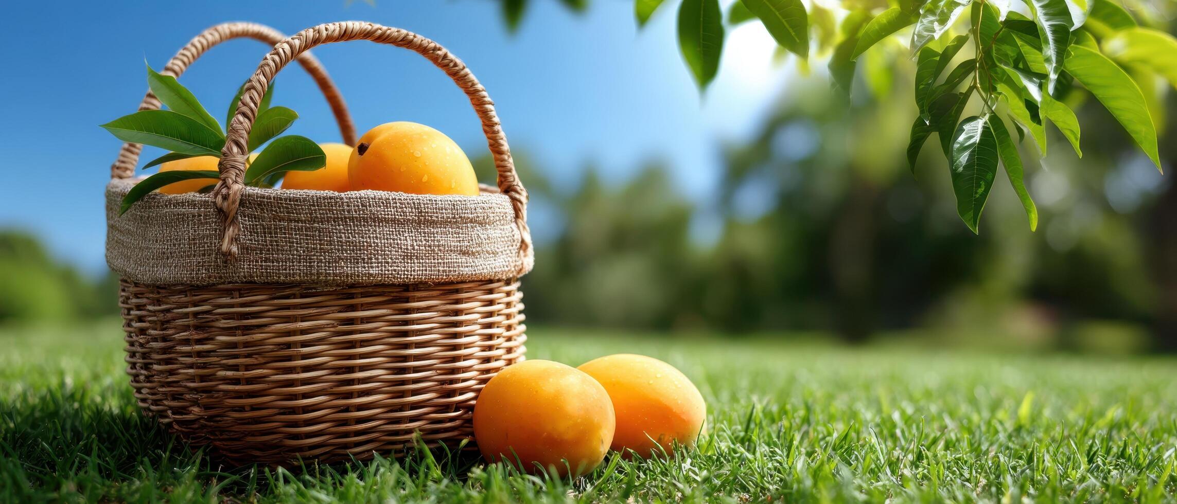 Gathering fresh oranges in a woven basket sunny orchard nature photography serene environment close-up view organic concept photo