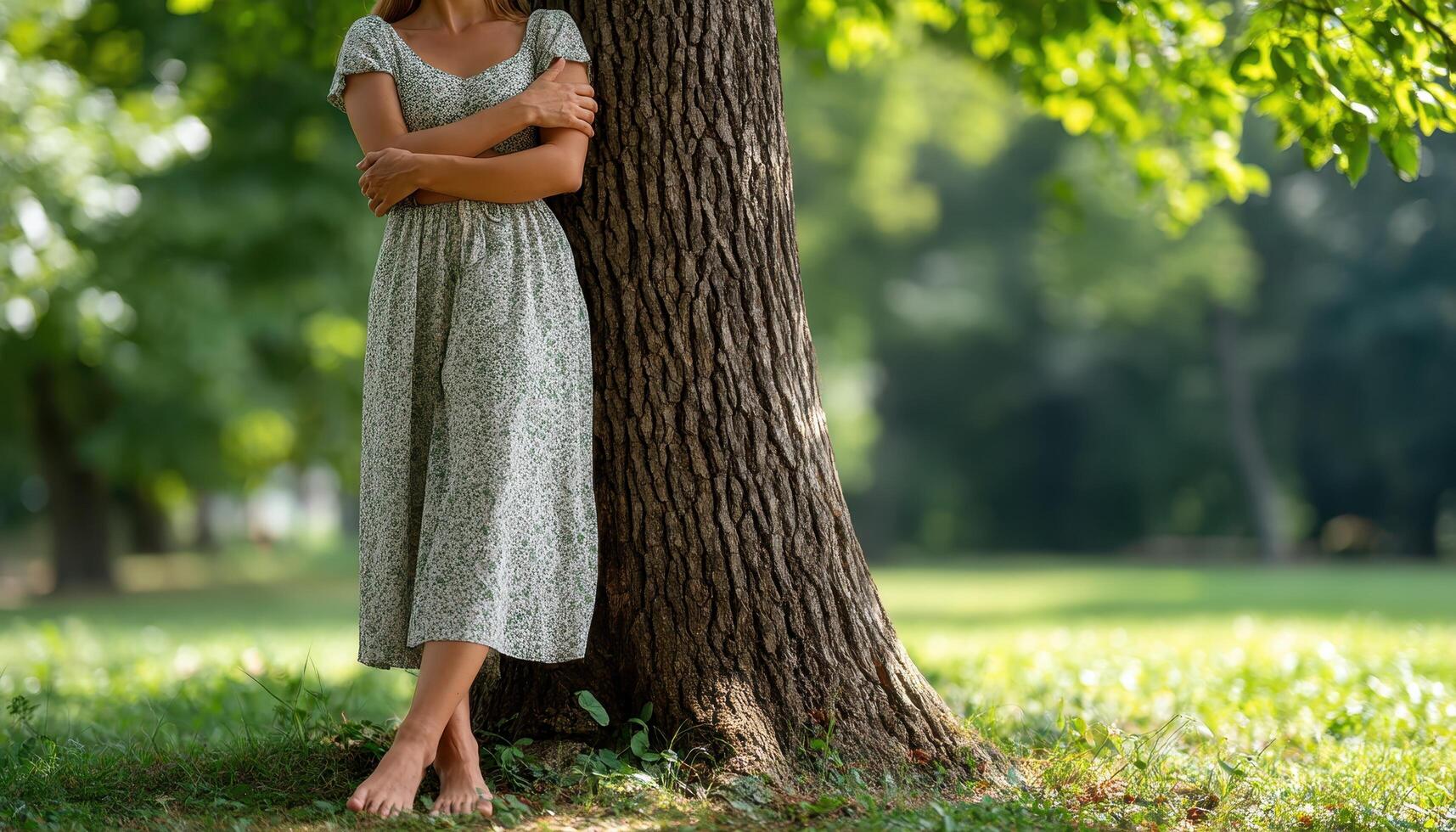 Serene woman posing by tree nature park photography calm environment natural light lifestyle concept photo
