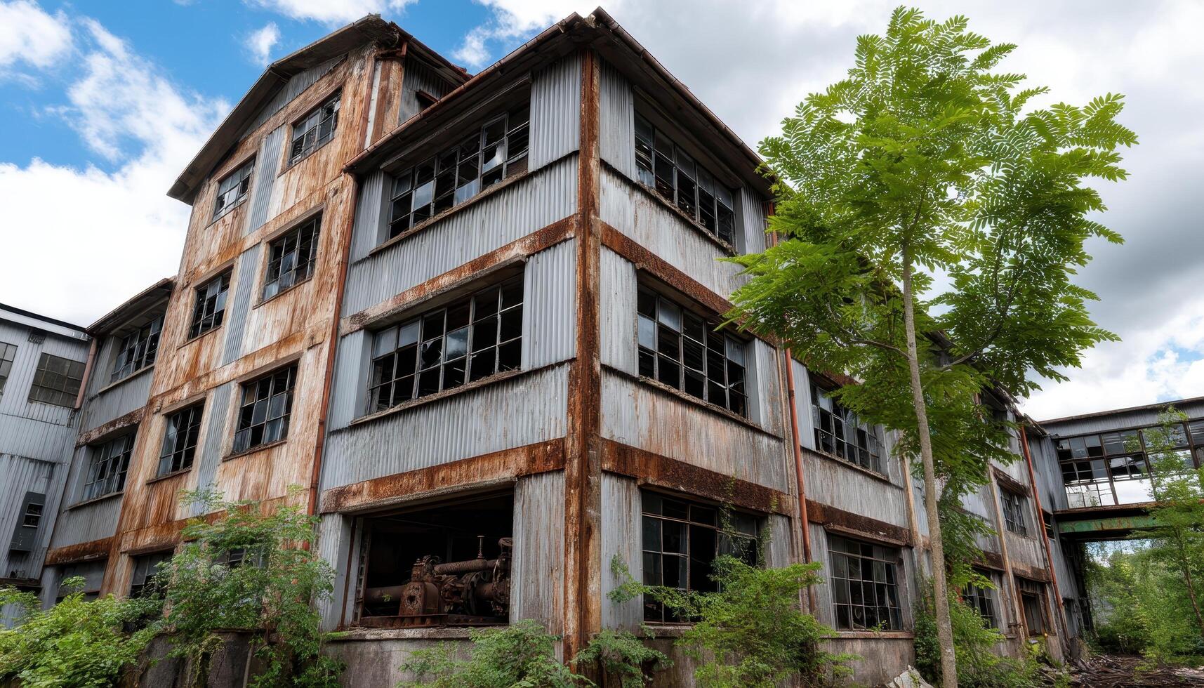 Urban decay abandoned industrial building overgrown surroundings photography urban exploration wide angle photo