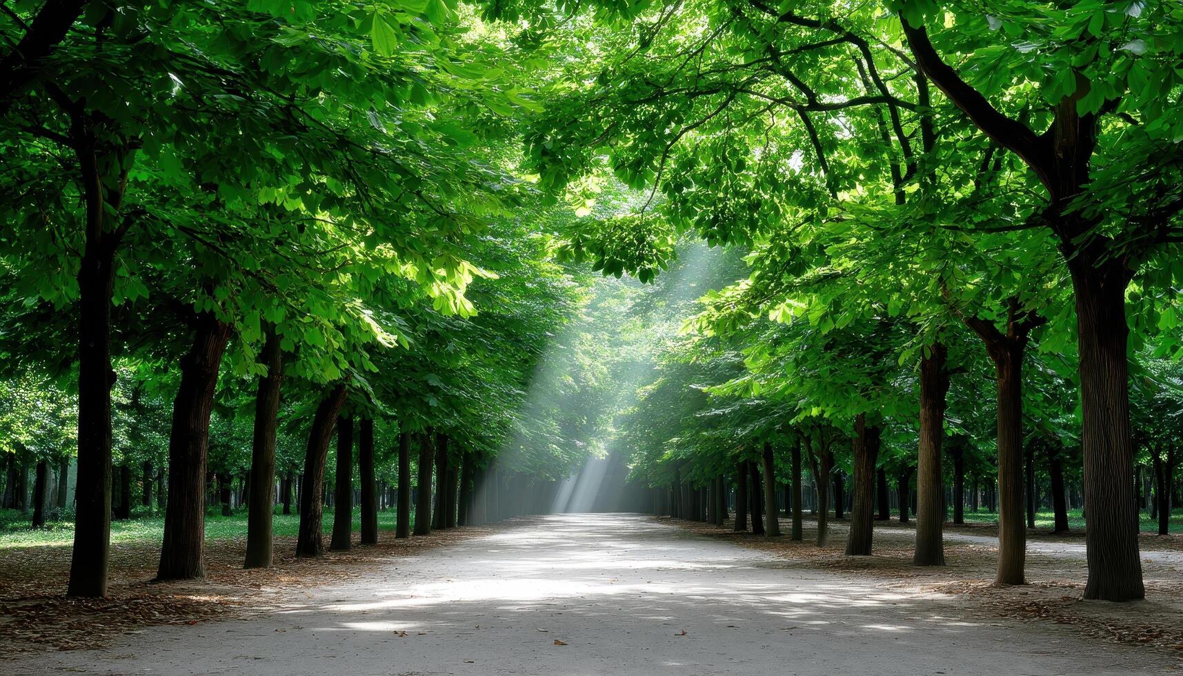 Peaceful nature walk amidst lush green trees in a serene park captured in bright morning light photo