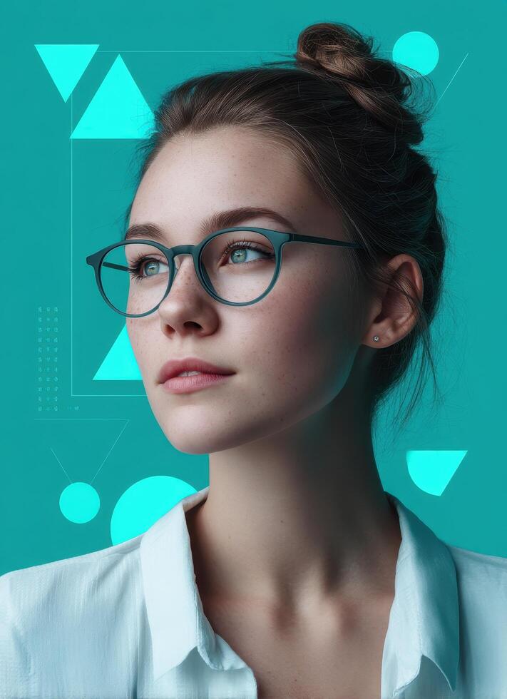 Creative portrait of a young woman with glasses urban setting digital art modern aesthetic side view empowerment concept photo