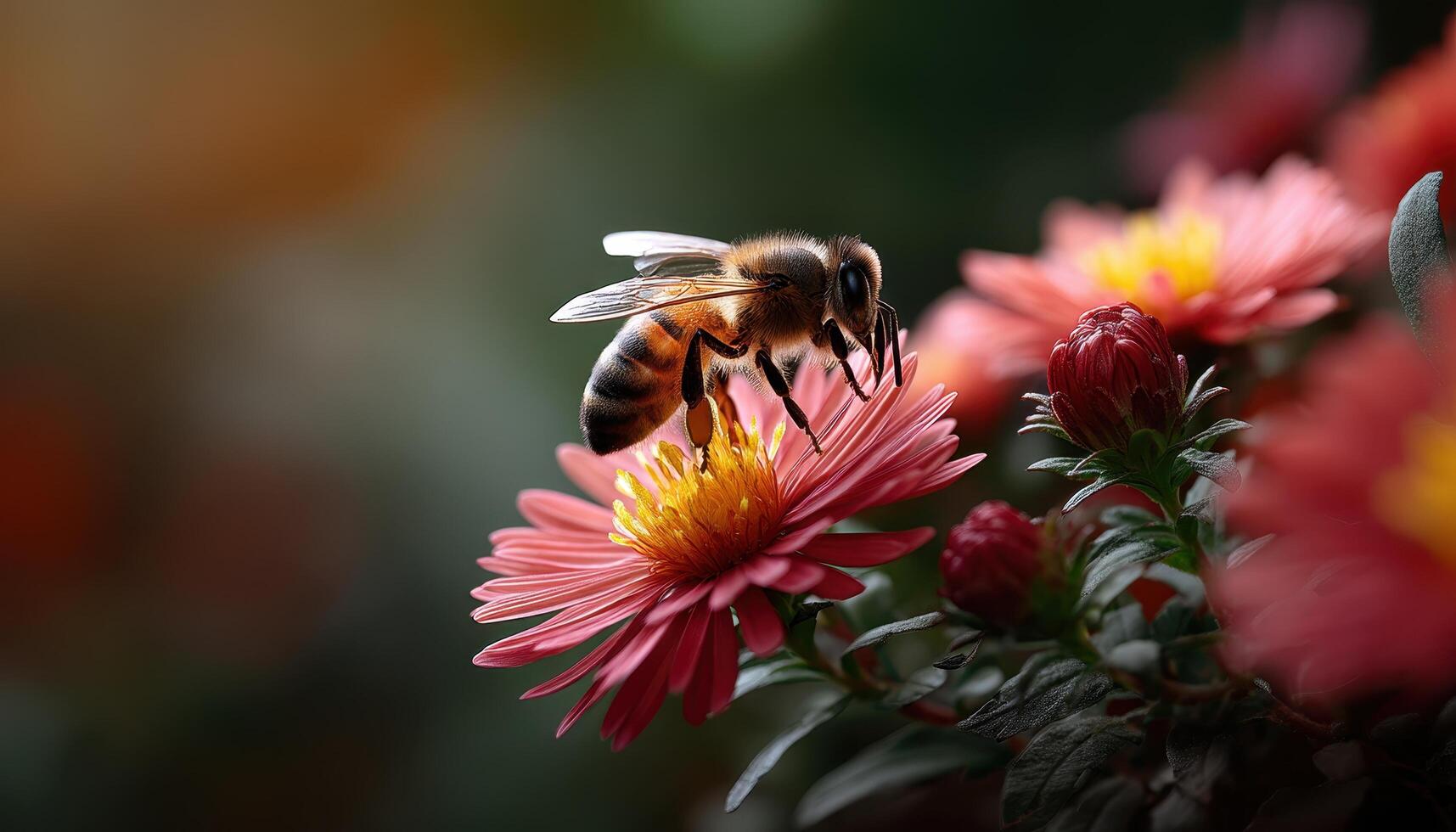 Pollinating bee action vibrant flower garden macro photography natural setting close-up view environmental importance photo