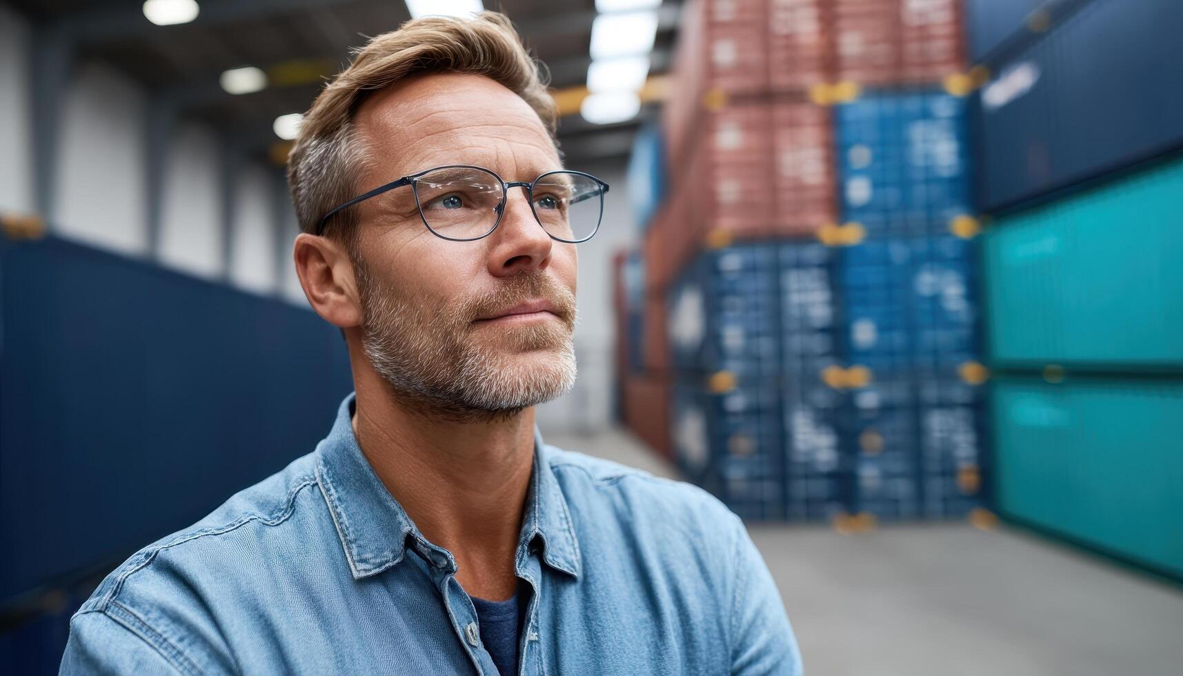 Business professional analyzing shipping containers warehouse portrait industrial environment close-up strategic planning photo