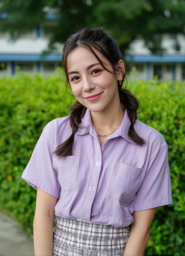 Smiling young woman in purple shirt outdoors portrait photography natural light casual style lifestyle concept photo