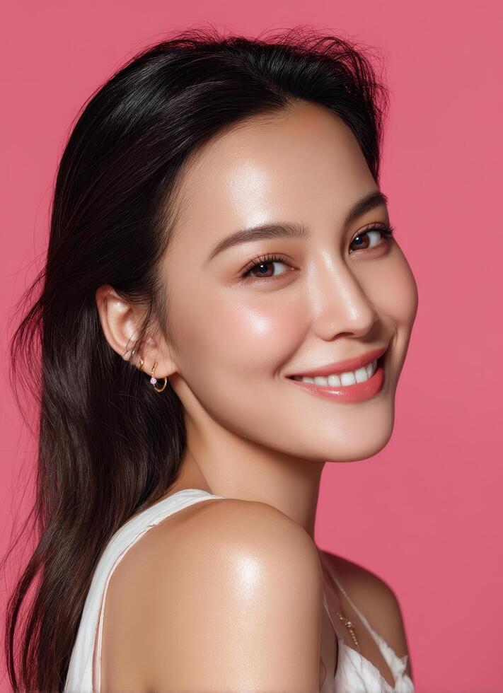 Joyful woman smiling portrait against pink background beauty photography studio environment photo