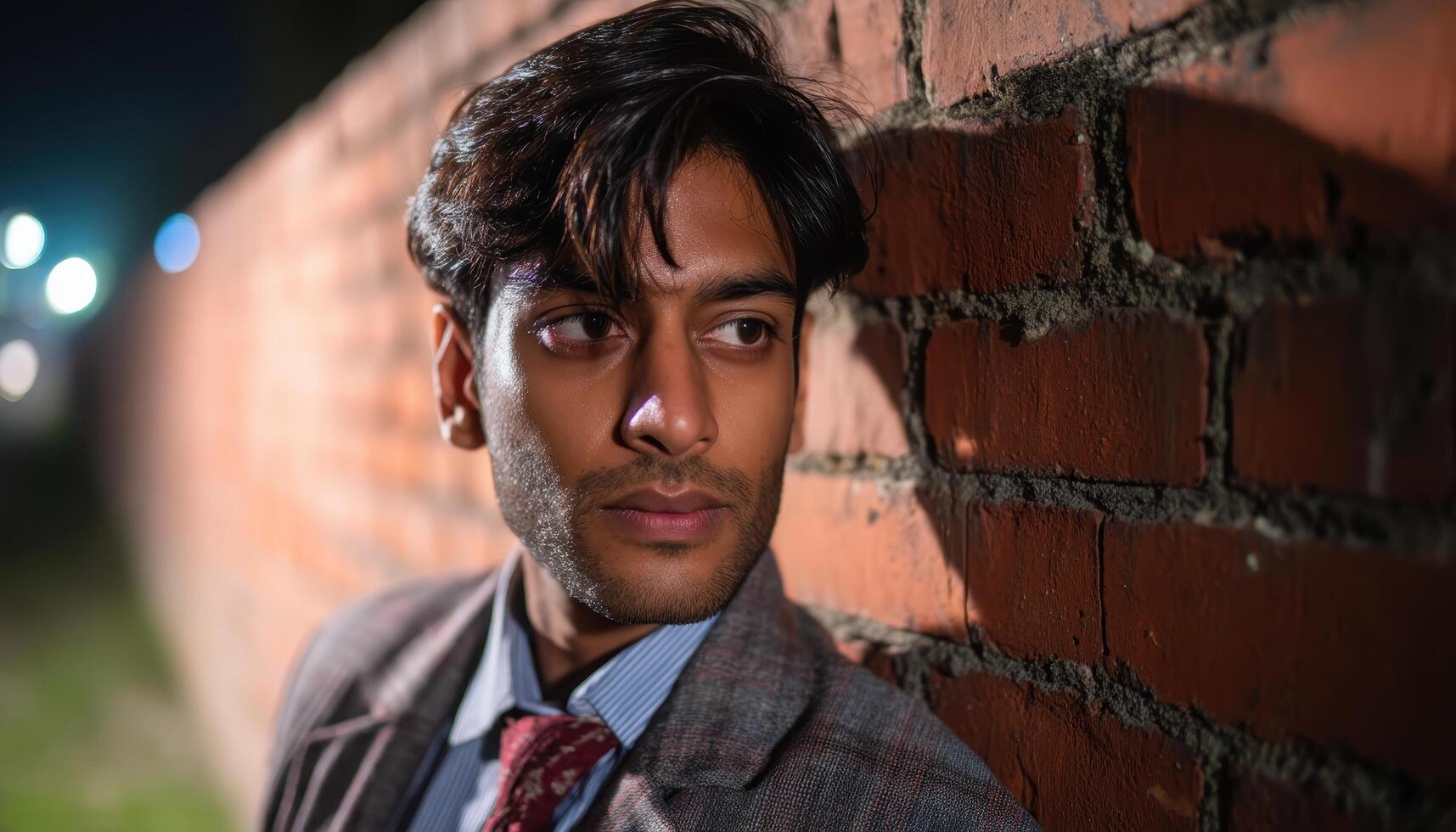 Man in suit posing against brick wall urban nightscape portrait photography dramatic lighting photo