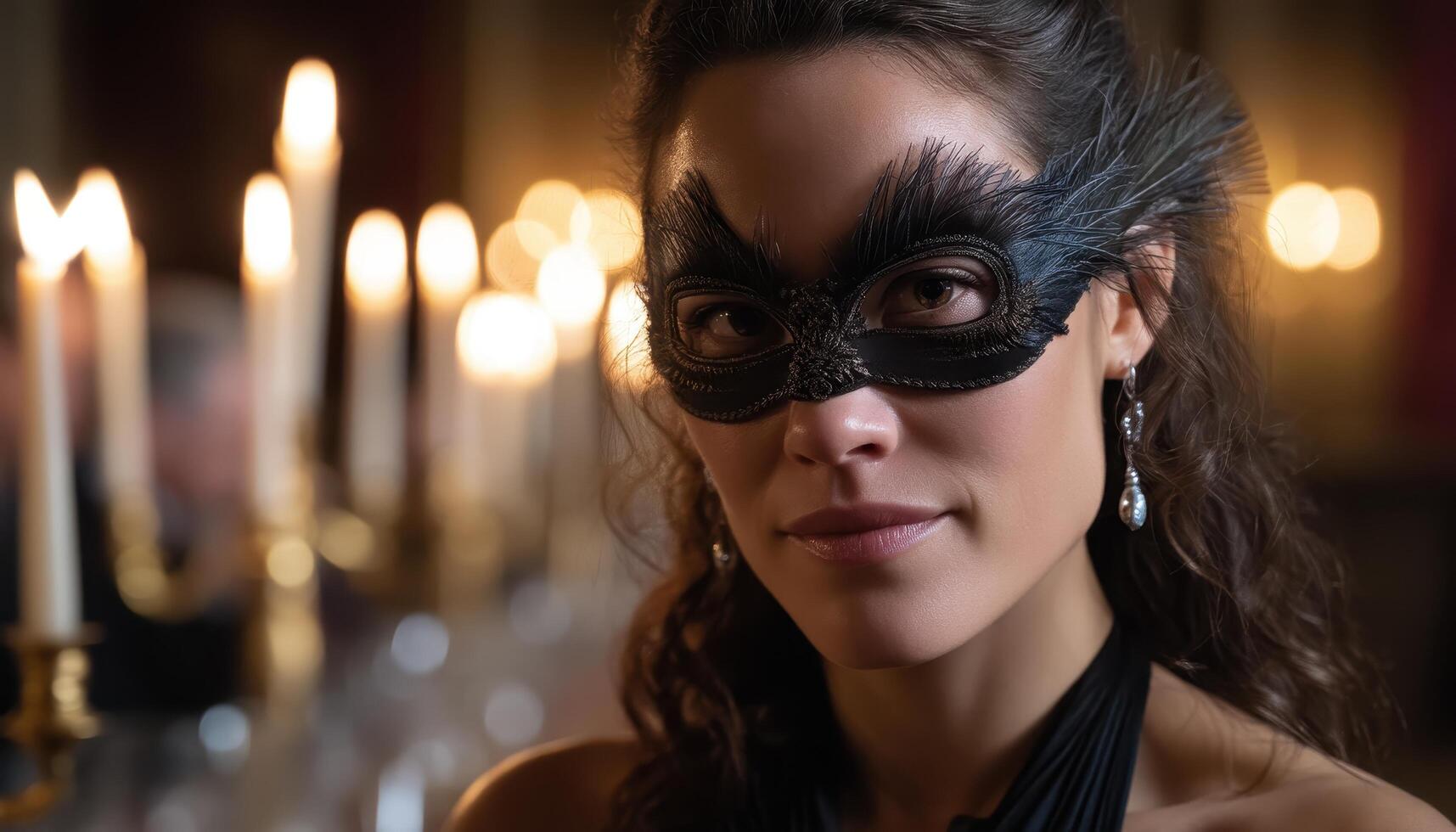 Elegant masquerade ball attendee grand venue portrait photography candlelit ambiance captivating gaze photo