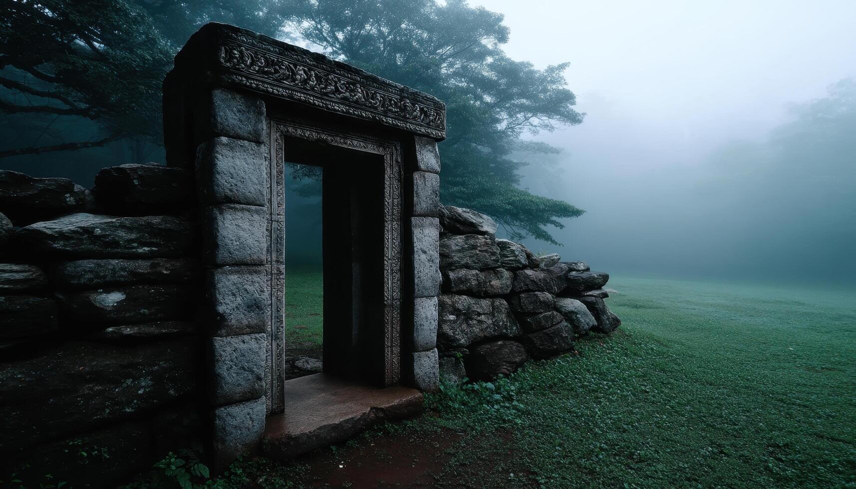 Mysterious foggy doorway ancient ruins photography enigmatic landscape low angle evocative atmosphere photo