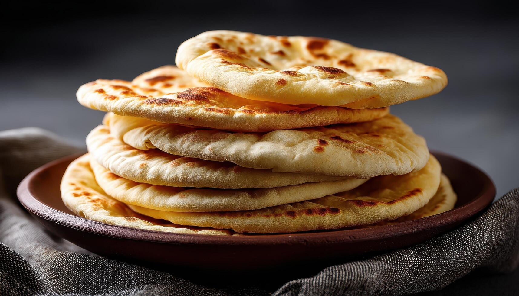 Delicious homemade naan bread stacked on a plate indoor food photography dark background photo