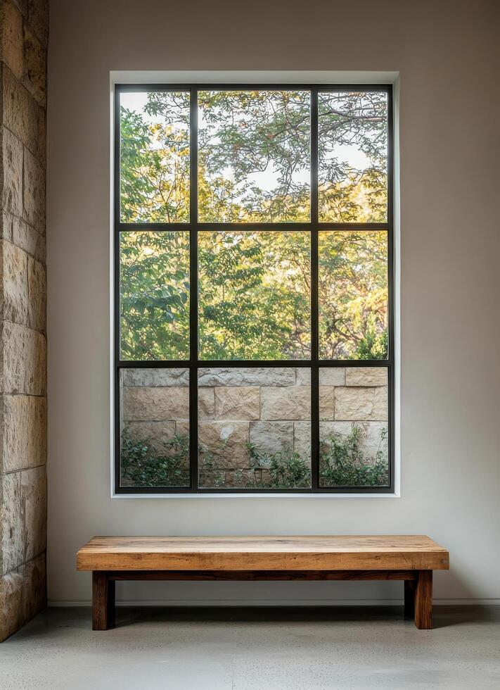 Serene view of nature through modern window interior space architectural photography calm environment photo
