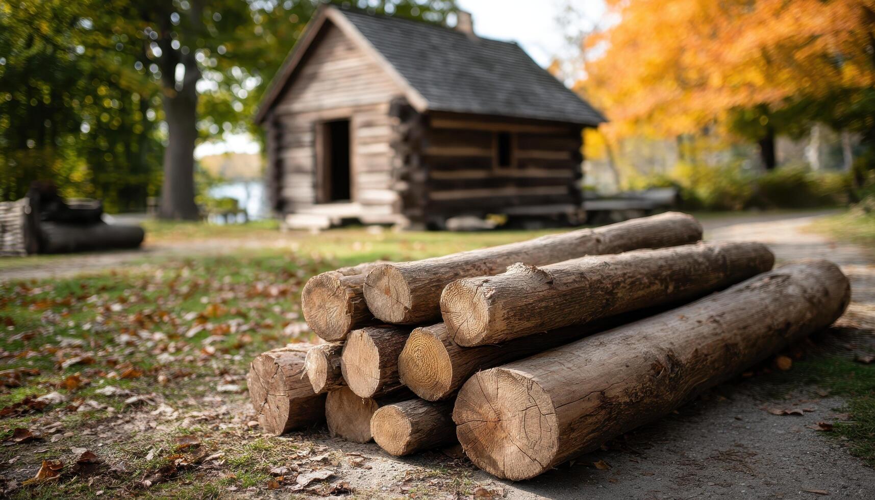 Log stacking workshop rustic cabin educational event autumn forest ground level sustainable practices photo